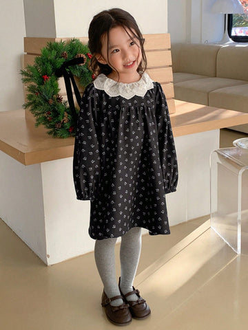 DAZY Young Girl Casual Floral Embroidery Neckline Puff Sleeve Dress, Autumn