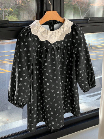 DAZY Young Girl Casual Floral Embroidery Neckline Puff Sleeve Dress, Autumn