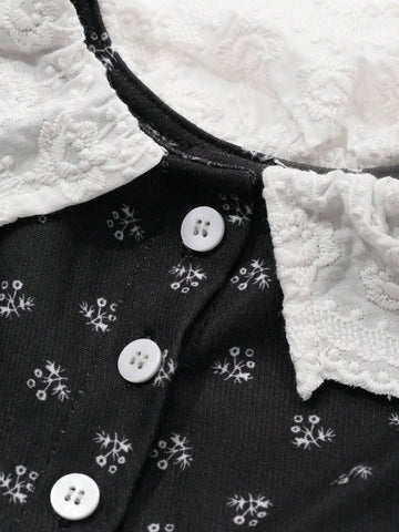 DAZY Young Girl Casual Floral Embroidery Neckline Puff Sleeve Dress, Autumn