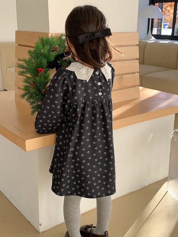 DAZY Young Girl Casual Floral Embroidery Neckline Puff Sleeve Dress, Autumn