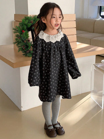 DAZY Young Girl Casual Floral Embroidery Neckline Puff Sleeve Dress, Autumn
