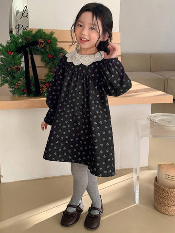 DAZY Young Girl Casual Floral Embroidery Neckline Puff Sleeve Dress, Autumn
