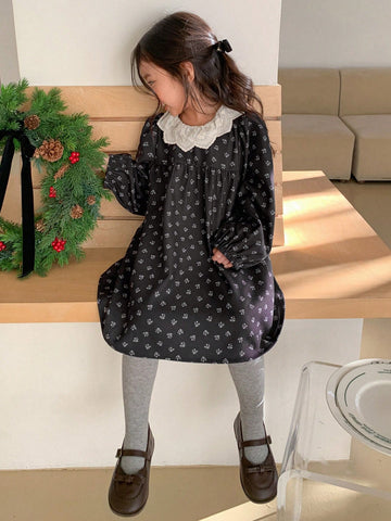 DAZY Young Girl Casual Floral Embroidery Neckline Puff Sleeve Dress, Autumn