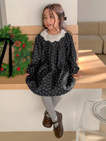 DAZY Young Girl Casual Floral Embroidery Neckline Puff Sleeve Dress, Autumn