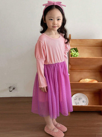 DAZY Young Girl Color Block Mesh Patchwork Casual Dress, Spring Autumn