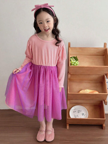 DAZY Young Girl Color Block Mesh Patchwork Casual Dress, Spring Autumn