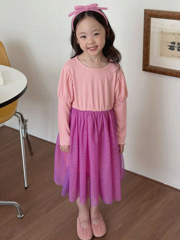 DAZY Young Girl Color Block Mesh Patchwork Casual Dress, Spring Autumn