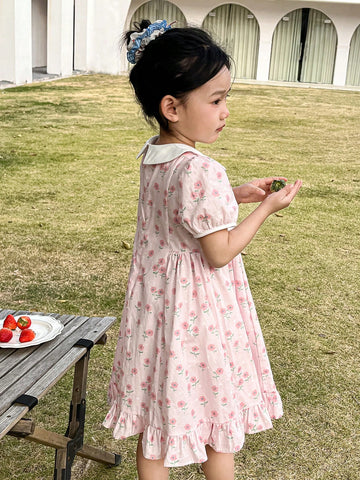 DAZY Young Girl Ditsy Floral Bow Decor Puff Sleeve Dress Summer