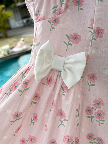 DAZY Young Girl Ditsy Floral Bow Decor Puff Sleeve Dress Summer