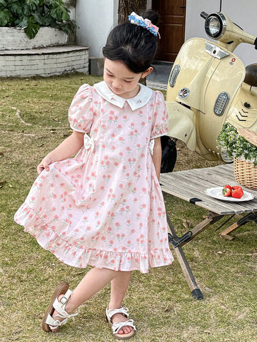 DAZY Young Girl Ditsy Floral Bow Decor Puff Sleeve Dress Summer