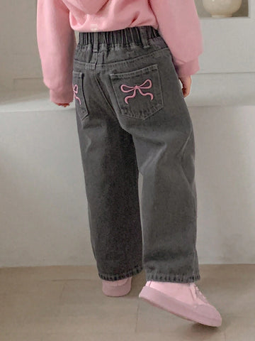 DAZY Young Girl Elastic Waist Pocket Butterfly Embroidery Denim Jeans