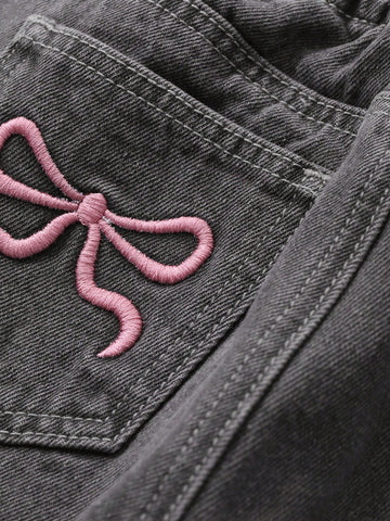 DAZY Young Girl Elastic Waist Pocket Butterfly Embroidery Denim Jeans