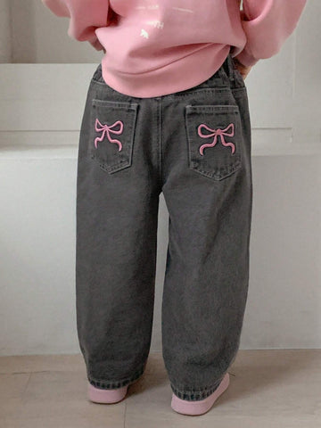 DAZY Young Girl Elastic Waist Pocket Butterfly Embroidery Denim Jeans