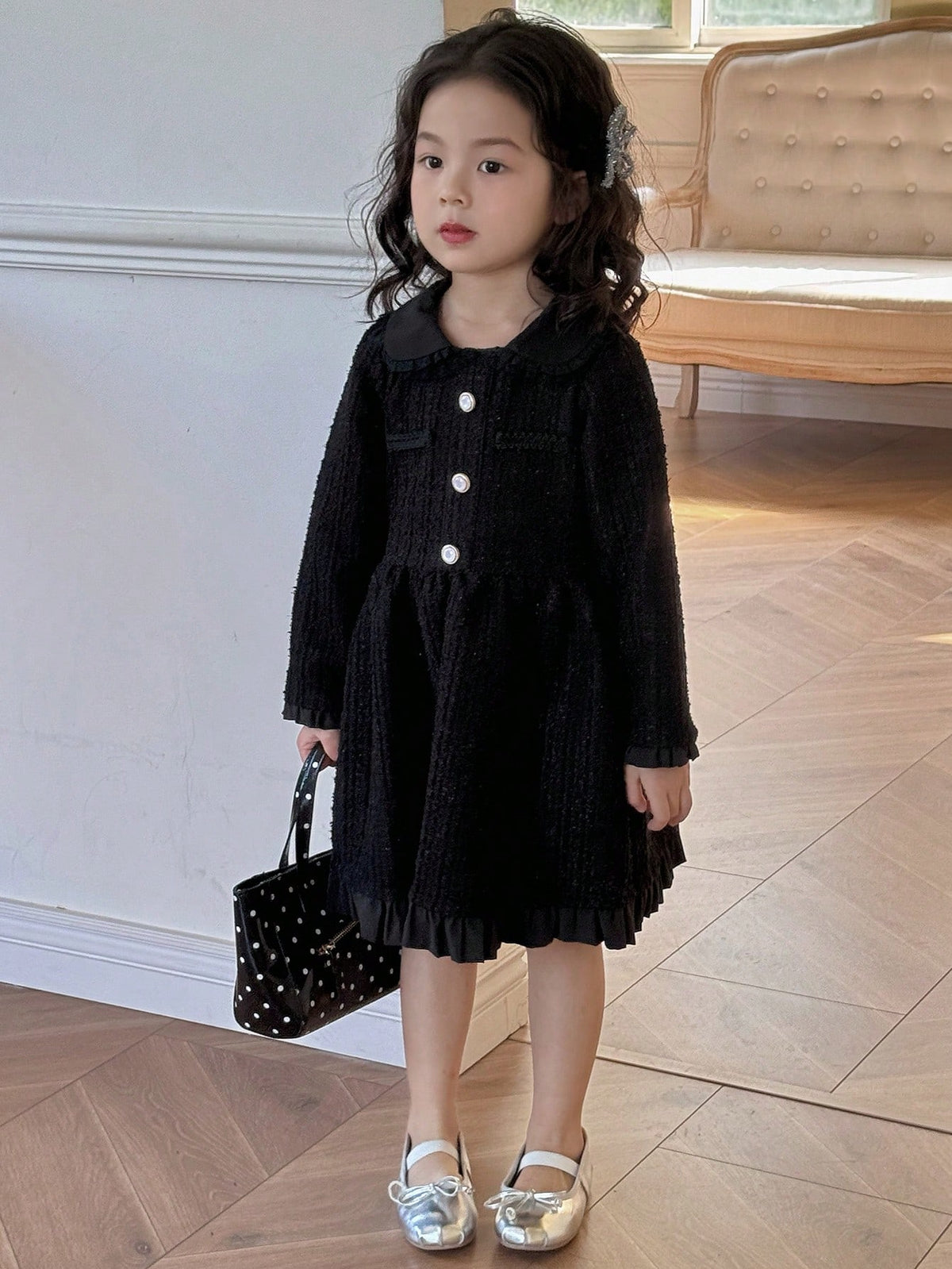 DAZY Young Girl Elegant Solid Color Long Sleeve Dress