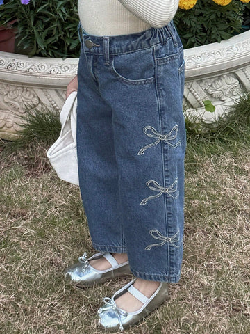 DAZY Young Girl Front Button Pocket Bow Casual Jeans