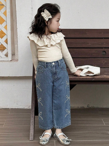 DAZY Young Girl Front Button Pocket Bow Casual Jeans