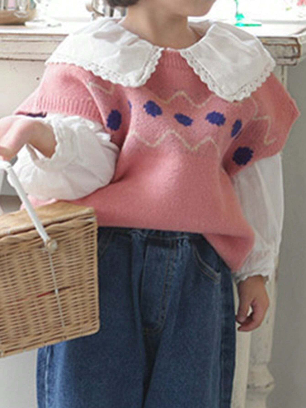 DAZY Young Girl Geometric Pattern Round Neck Casual Loose Knit Sweater Vest, Autumn/Winter