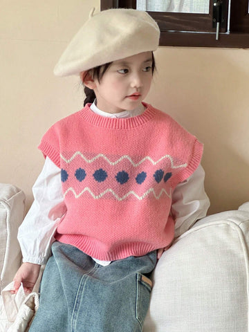 DAZY Young Girl Geometric Pattern Round Neck Casual Loose Knit Sweater Vest, Autumn/Winter