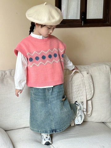 DAZY Young Girl Geometric Pattern Round Neck Casual Loose Knit Sweater Vest, Autumn/Winter