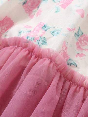 DAZY Young Girl Girls Floral Print Splicing Mesh Short Sleeve Dress, Summer