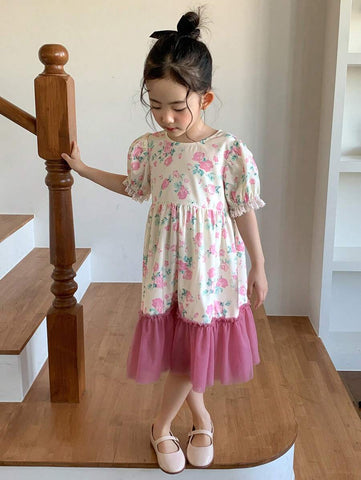DAZY Young Girl Girls Floral Print Splicing Mesh Short Sleeve Dress, Summer