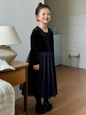 DAZY Young Girl Girls' Round Neck Contrast Mesh Panel Dress, Fall