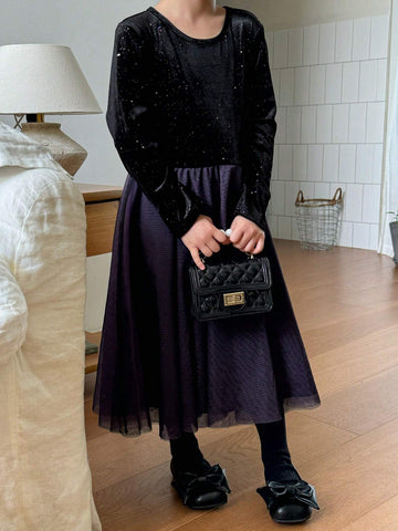 DAZY Young Girl Girls' Round Neck Contrast Mesh Panel Dress, Fall