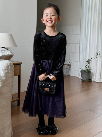 DAZY Young Girl Girls' Round Neck Contrast Mesh Panel Dress, Fall