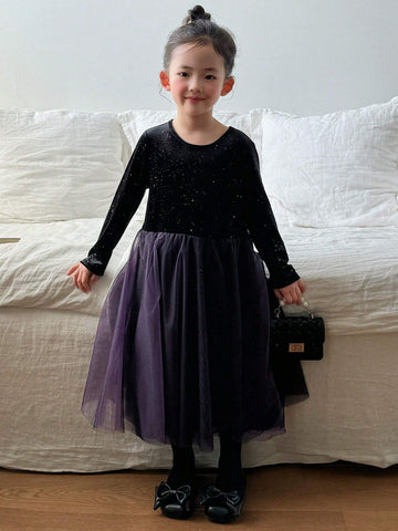 DAZY Young Girl Girls' Round Neck Contrast Mesh Panel Dress, Fall