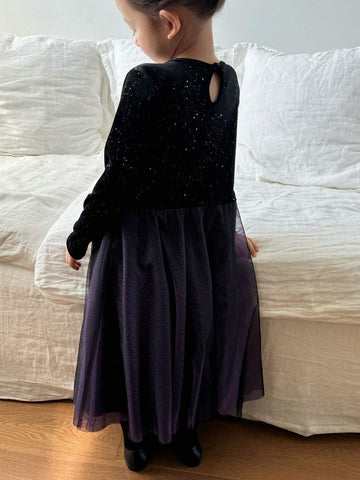 DAZY Young Girl Girls' Round Neck Contrast Mesh Panel Dress, Fall