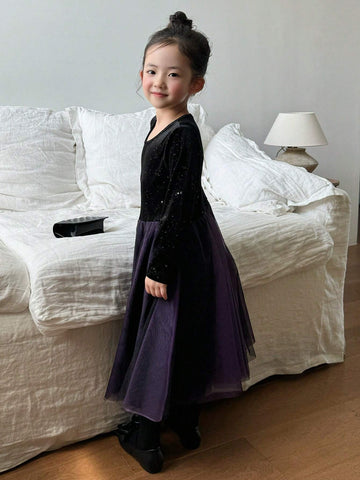 DAZY Young Girl Girls' Round Neck Contrast Mesh Panel Dress, Fall