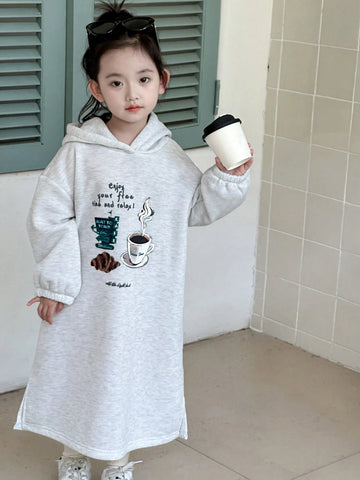 DAZY Young Girl Girls Small Size Knitted Hooded Graphic Print A-Line Dress For Fall