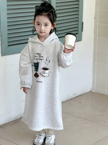 DAZY Young Girl Girls Small Size Knitted Hooded Graphic Print A-Line Dress For Fall