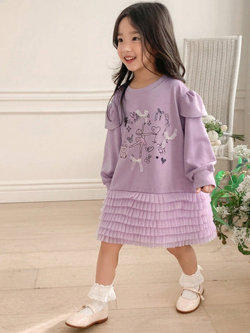 DAZY Young Girl Heart Print Patchwork Multi-Layer Ruffle Hem Long Sleeve Dress