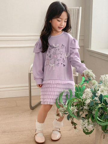 DAZY Young Girl Heart Print Patchwork Multi-Layer Ruffle Hem Long Sleeve Dress