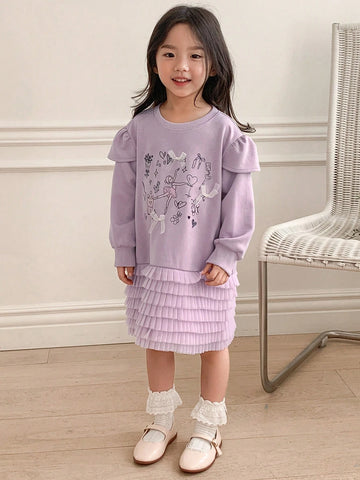 DAZY Young Girl Heart Print Patchwork Multi-Layer Ruffle Hem Long Sleeve Dress