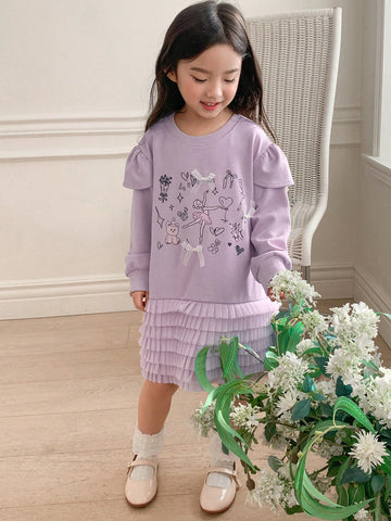 DAZY Young Girl Heart Print Patchwork Multi-Layer Ruffle Hem Long Sleeve Dress