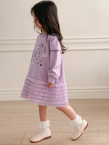 DAZY Young Girl Heart Print Patchwork Multi-Layer Ruffle Hem Long Sleeve Dress