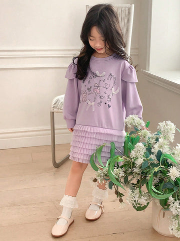 DAZY Young Girl Heart Print Patchwork Multi-Layer Ruffle Hem Long Sleeve Dress