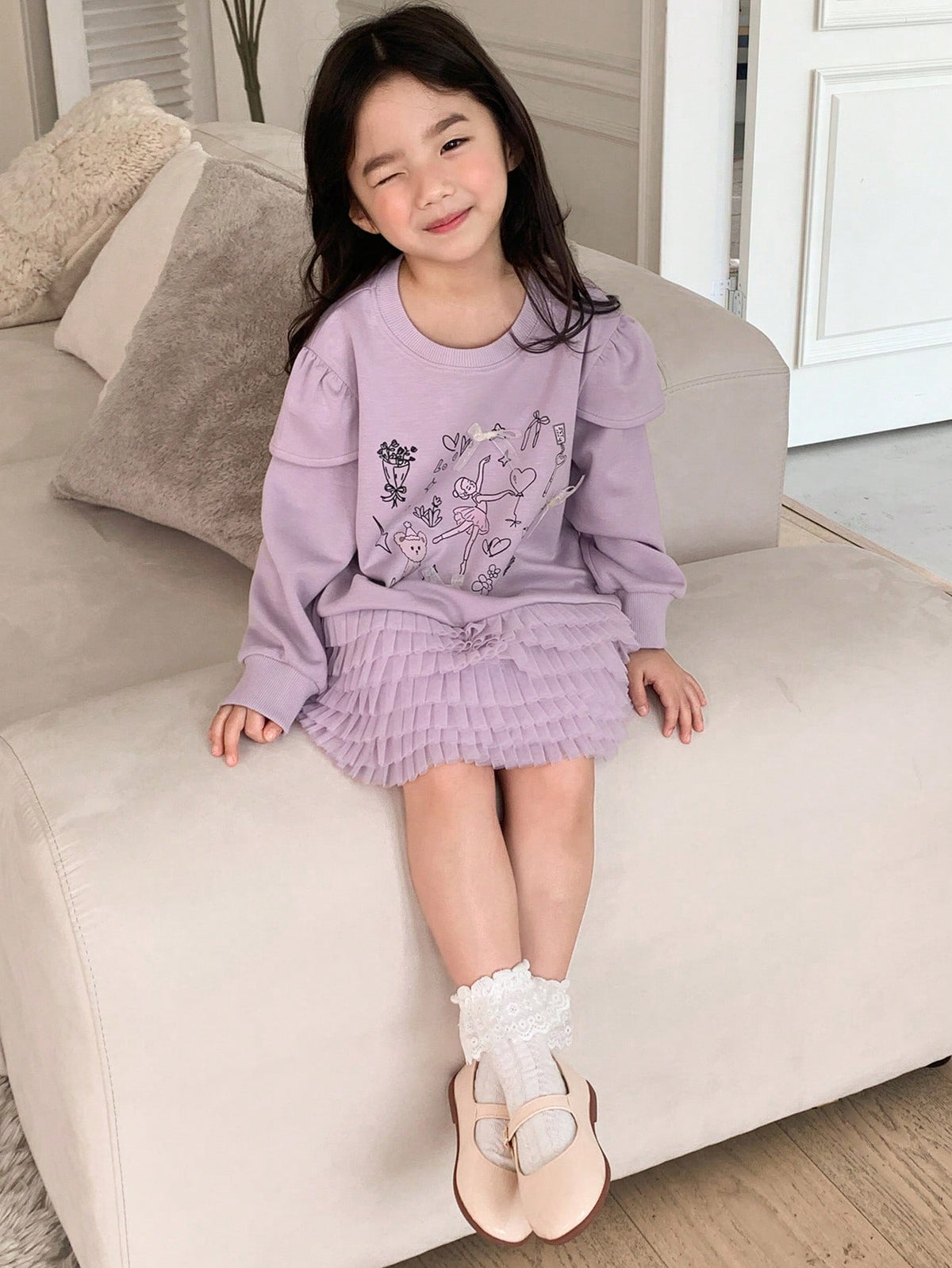 DAZY Young Girl Heart Print Patchwork Multi-Layer Ruffle Hem Long Sleeve Dress