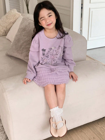 DAZY Young Girl Heart Print Patchwork Multi-Layer Ruffle Hem Long Sleeve Dress