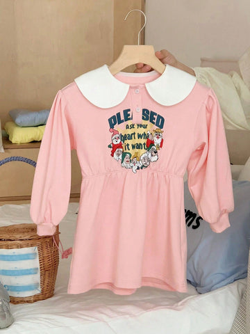 DAZY Young Girl Letter Print Color-Block Peter Pan Collar Long Sleeve Casual Dress, Autumn