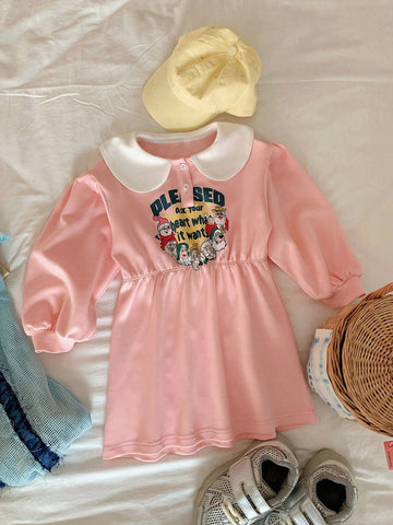 DAZY Young Girl Letter Print Color-Block Peter Pan Collar Long Sleeve Casual Dress, Autumn