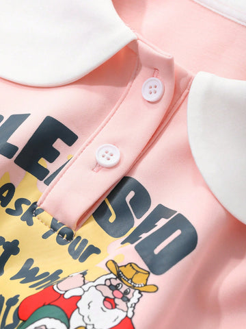 DAZY Young Girl Letter Print Color-Block Peter Pan Collar Long Sleeve Casual Dress, Autumn