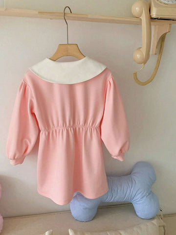 DAZY Young Girl Letter Print Color-Block Peter Pan Collar Long Sleeve Casual Dress, Autumn