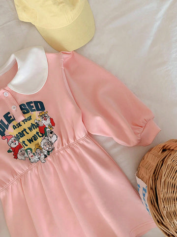 DAZY Young Girl Letter Print Color-Block Peter Pan Collar Long Sleeve Casual Dress, Autumn