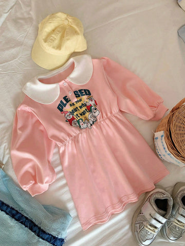 DAZY Young Girl Letter Print Color-Block Peter Pan Collar Long Sleeve Casual Dress, Autumn