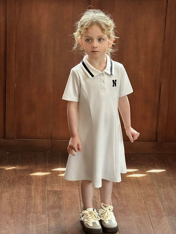 DAZY Young Girl Letter Print Polo Collar Short Sleeve Casual Dress