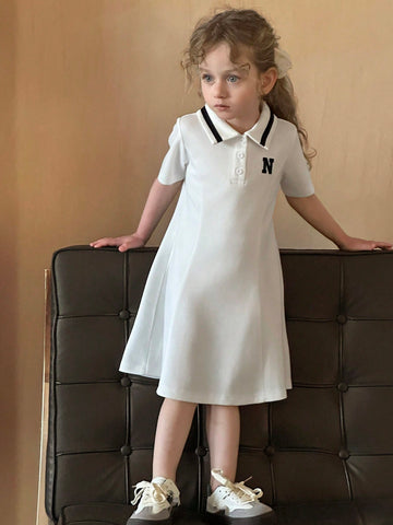 DAZY Young Girl Letter Print Polo Collar Short Sleeve Casual Dress