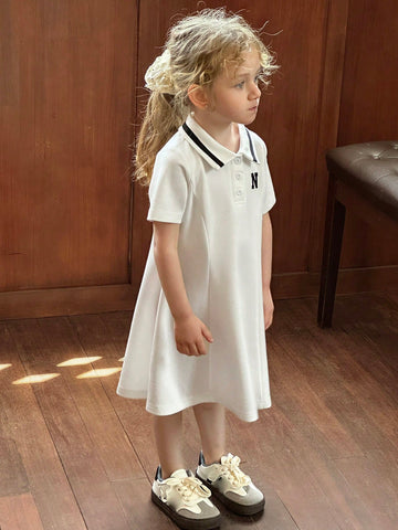 DAZY Young Girl Letter Print Polo Collar Short Sleeve Casual Dress